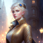 White-Haired Noblewoman in Golden Victorian Dress with Cityscape Background