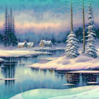 Tranquil snow-covered landscape with river, pine trees, and cozy cottages