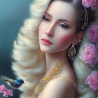 Woman portrait with stylized makeup, elegant accessories, and watercolor background