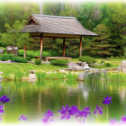 Pastel-colored painting of gazebo by river with people and purple flowers