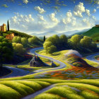 Scenic landscape with winding roads, green hills, flowers, and castles under blue sky