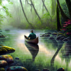 Person in hat rowing canoe on calm river through misty forest with waterfalls