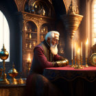 Elderly man in regal attire sits at table in luxurious room