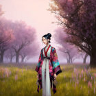 Traditional kimono-clad woman surrounded by cherry blossoms and purple backdrop