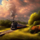 Vintage Steam Locomotive in Autumn Landscape with Dramatic Sky