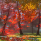 Autumn forest landscape with red leaves, sunlight, and figure in red cloak