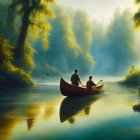 Two people canoeing on tranquil river surrounded by green trees