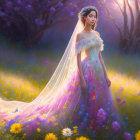 Colorful Bride Standing Among Purple Flowers in Sunlight