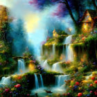 Enchanting forest scene with illuminated houses on waterfalls