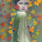 Fantastical portrait of woman with flowing hair in autumn setting