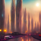 Futuristic city skyline at sunset with tall skyscrapers and streaks of light.