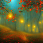 Mystical forest with glowing orbs and red autumn trees under hazy blue sky