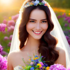 Woman with flowing hair in green garment among pink flowers and gold earrings