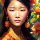 Elegant woman with golden earrings in traditional attire among blooming flowers