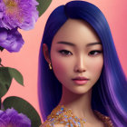 Asian girl digital art portrait with violet flowers and intricate floral details