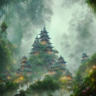 Traditional Pagoda in Misty Forest with Lanterns and Pond