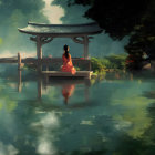 Person in Red Outfit Sitting by Serene Pond in Traditional Pavilion