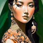 Asian woman in gold traditional attire with intricate makeup and small figure.