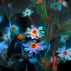 Colorful Floral Arrangement: Blue, White, Peach Blooms on Dark Background