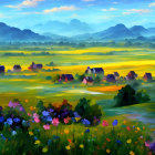 Scenic landscape oil painting with vibrant colors and flowery foreground