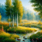 Tranquil autumn landscape with stream and misty sky