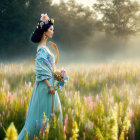 Traditional Asian woman in floral headdress standing in misty meadow with bouquet