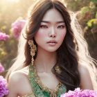 Asian woman portrait with gold jewelry and floral headpiece in front of ornate flowers