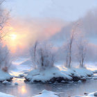 Snow-covered trees and rocks by serene river at sunrise