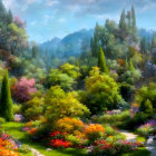 Colorful Flower Garden with Stone Path & Mountain View