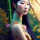 Asian woman in traditional dress with elaborate makeup against vibrant backdrop