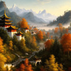 Misty Asian-style pagodas in autumn landscape