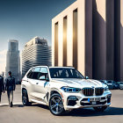 Luxury white SUV parked on urban street at sunset with skyscrapers and pedestrian.