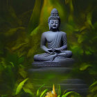 Meditating Buddha statue in lush green forest with orange flowers