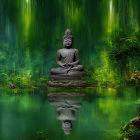 Tranquil Buddha Statue Meditating in Forest Scene