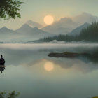 Misty lake landscape at sunrise with mountains, figures, and jumping fish