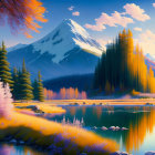 Colorful landscape painting: reflective lake, vibrant trees, towering mountains, serene path, sunset sky