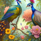 Vibrant peacocks, flowers, and butterfly in whimsical illustration