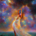 Graceful dancer in flowing attire against vibrant cosmic backdrop.