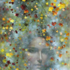 Colorful autumn leaves cascade around woman's face in surreal image