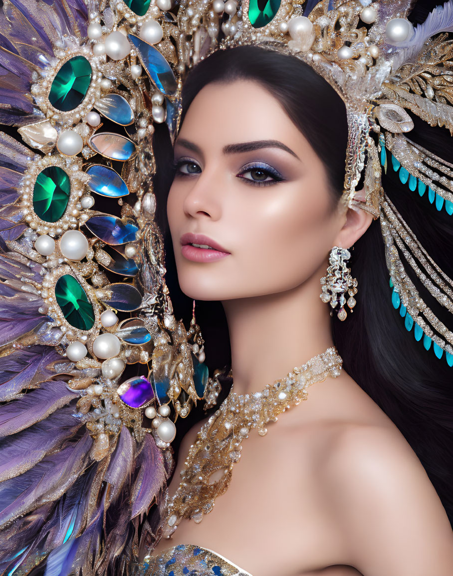 Dark-haired woman in ornate feathered headpiece with jewels and pearls