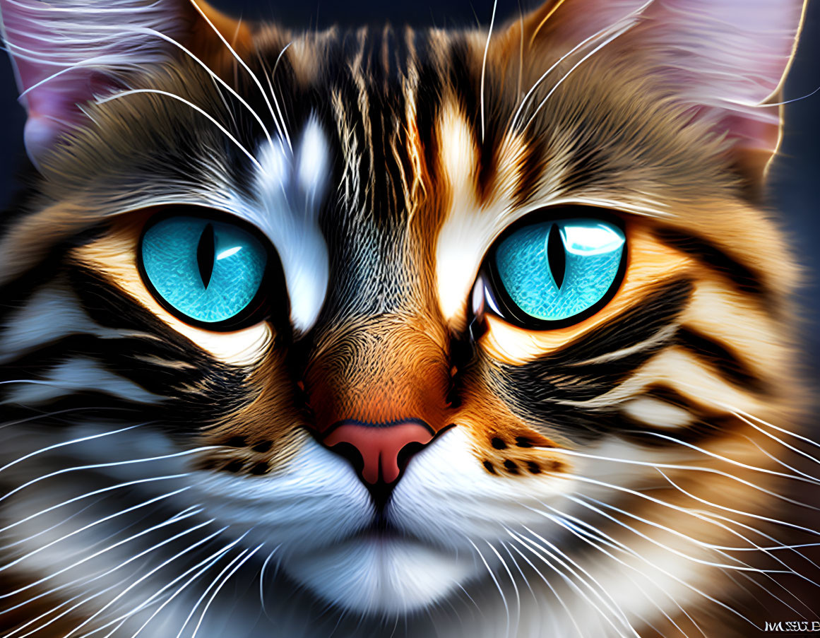 Detailed Close-Up Digital Illustration of Cat with Striking Blue Eyes