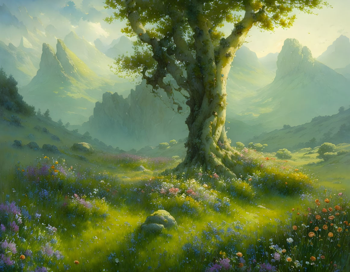 Vibrant wildflower meadow with tree and mountains in sunlight