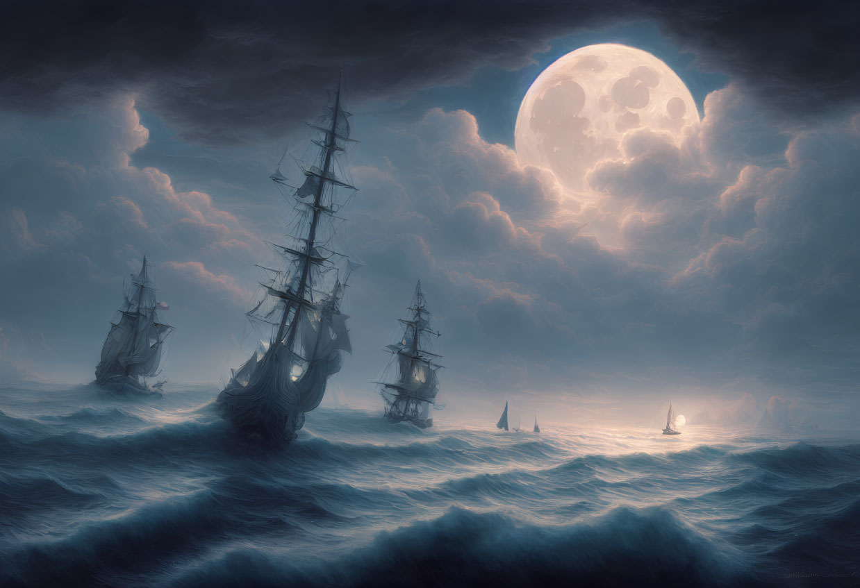 Sailing ships on stormy seas under full moon sky