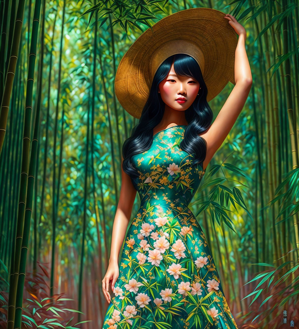 Woman in floral dress and straw hat in bamboo forest with sunlight.