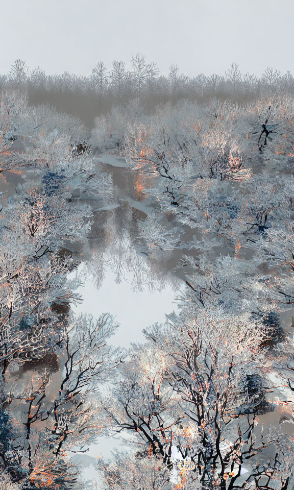 Winter Forest Scene with Frost-Covered Trees and Reflections