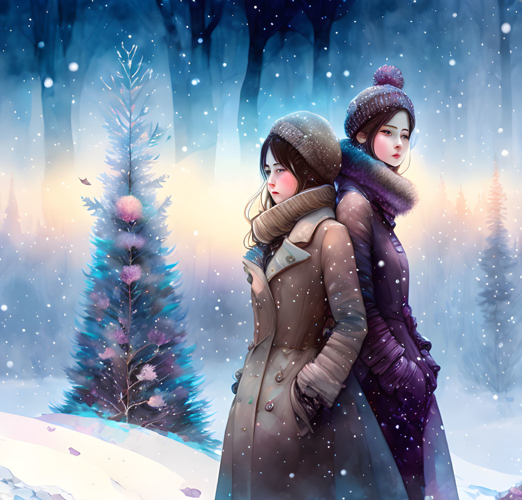 Anime-style girls in winter clothing in snowy landscape with decorated tree