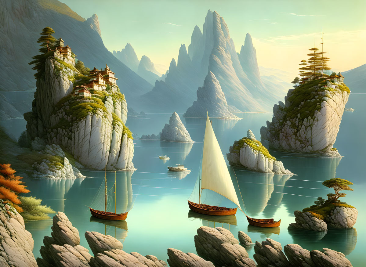 Tranquil Asian landscape with rocky islands, boats, and mountains.