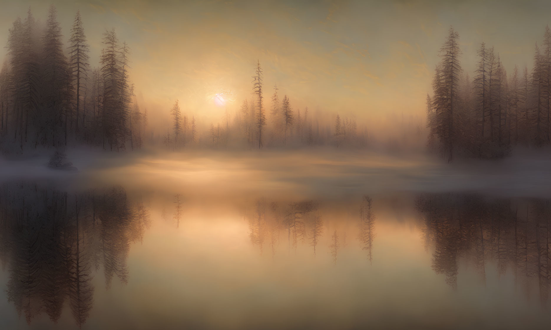 Sunrise in Misty Forest with Sunlight Through Trees and Reflecting on Lake