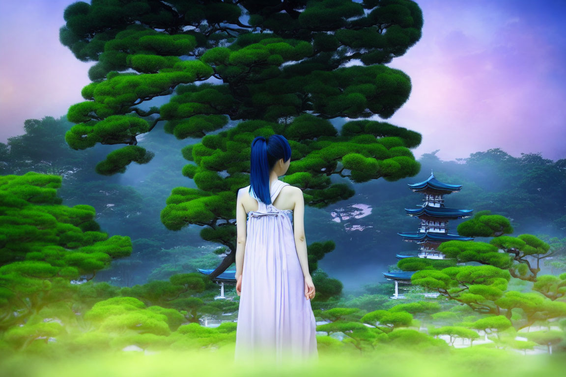 Long Blue-Haired Woman in White Dress Facing Tranquil Pagoda Scene