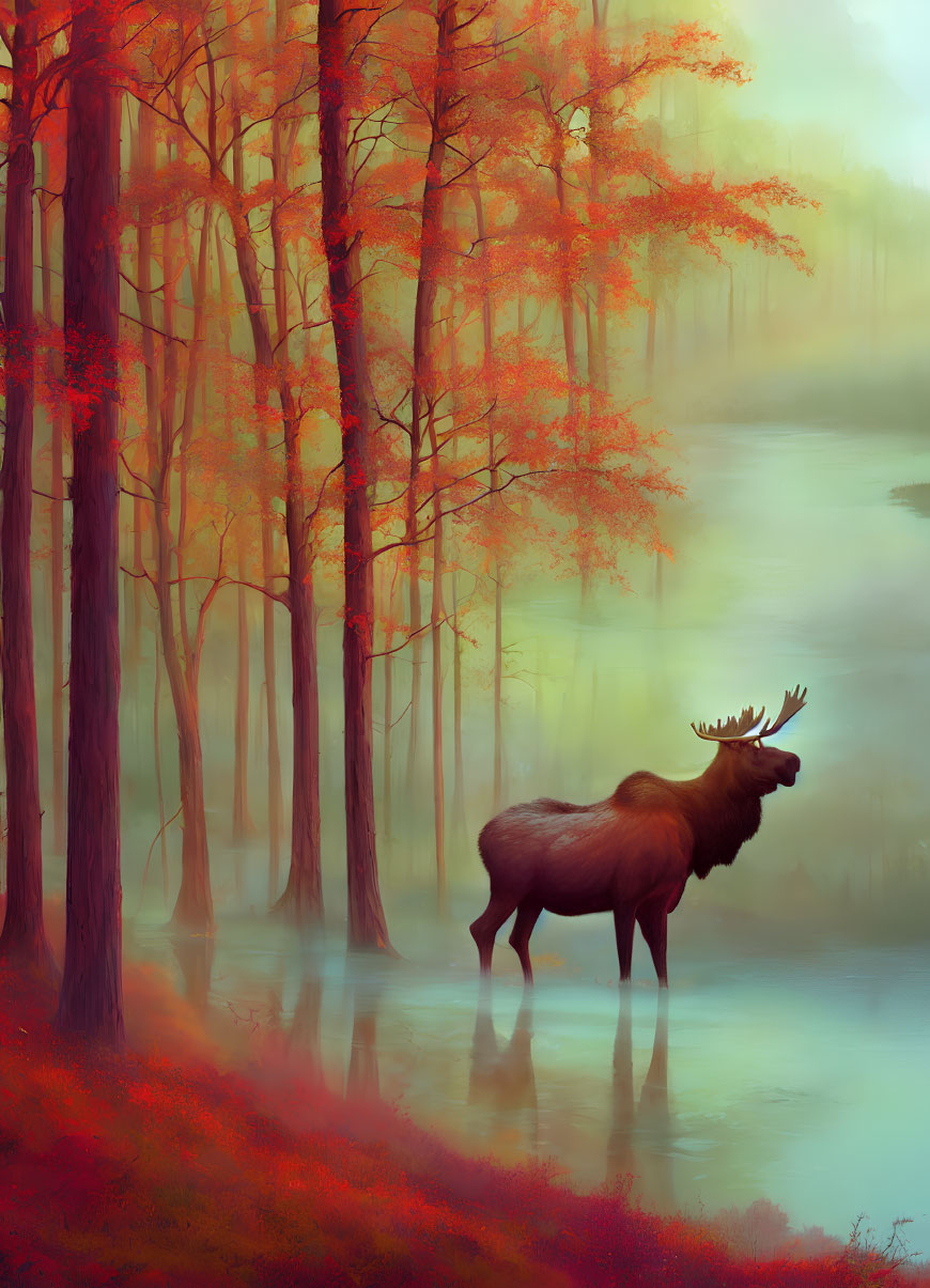 Majestic elk by misty lake in vibrant autumn forest